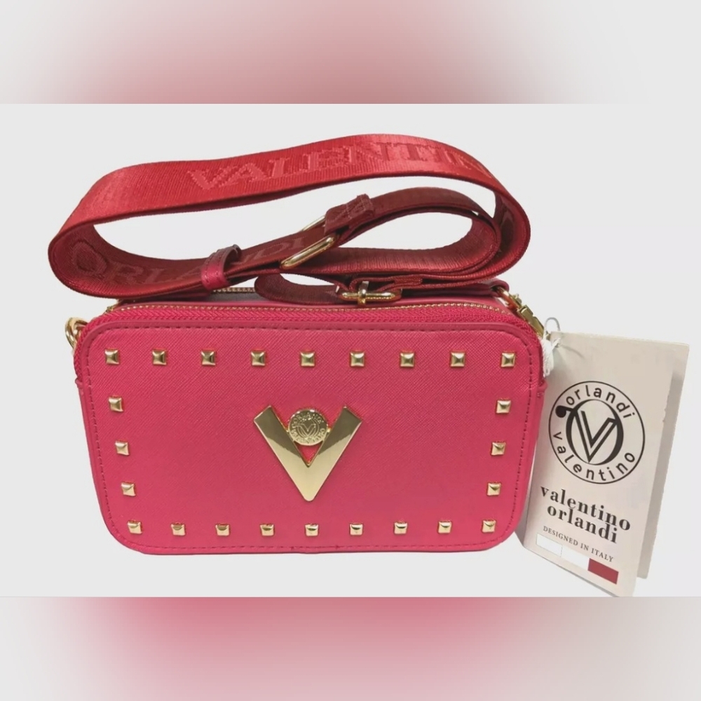 VALENTINO ORLANDI Studded Guitar Strap Double Zip Crossbody Camera Bag-Pink- NWT